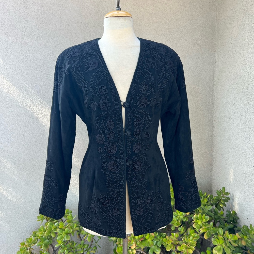 Vintage Vakko bohemian black suede leather jacket embroidered detail Sz 6